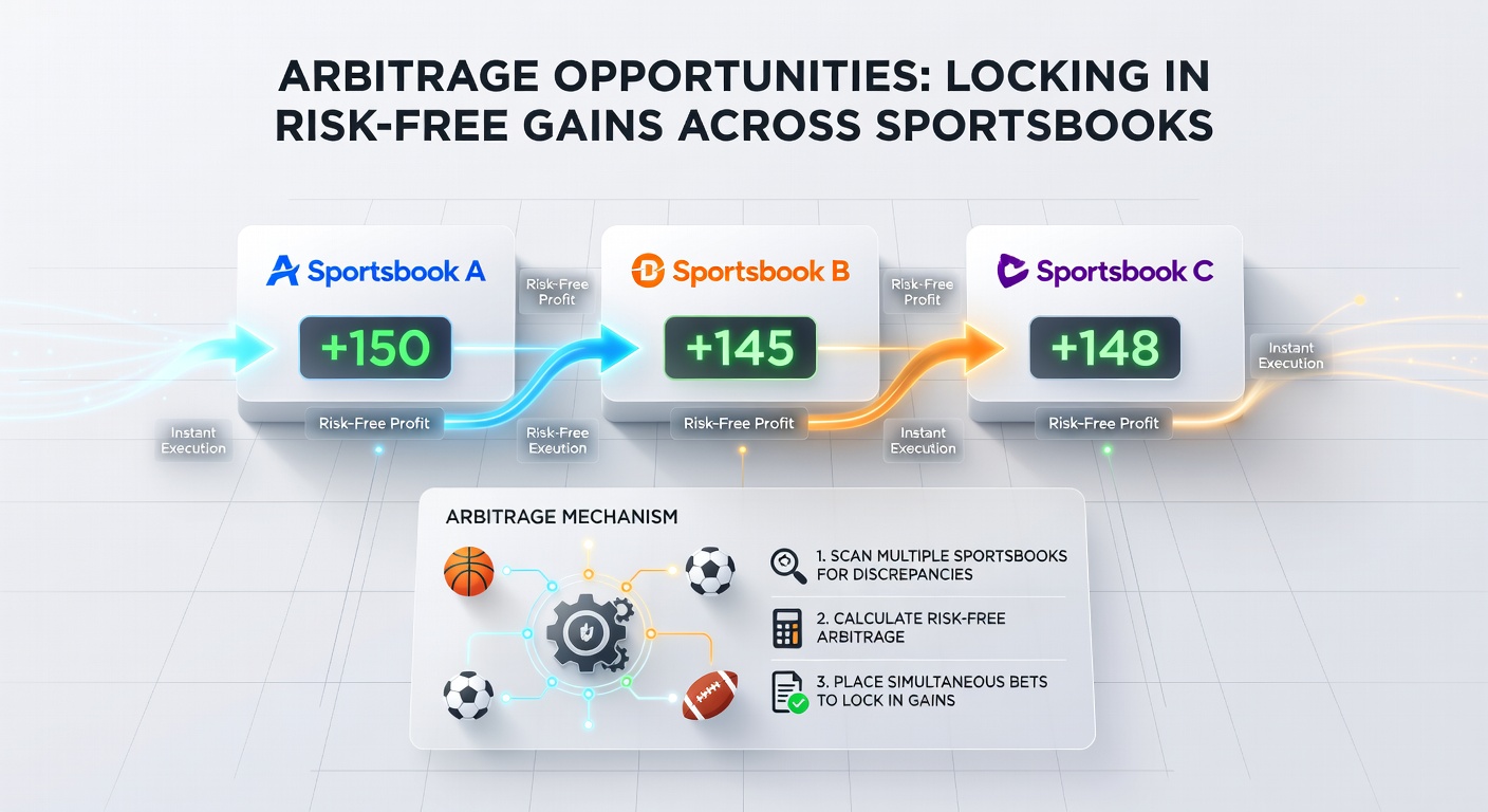 Screenshot of arbitrage calculator interface showing stake allocations, profit projections, and odds from DraftKings, FanDuel, and BetMGM