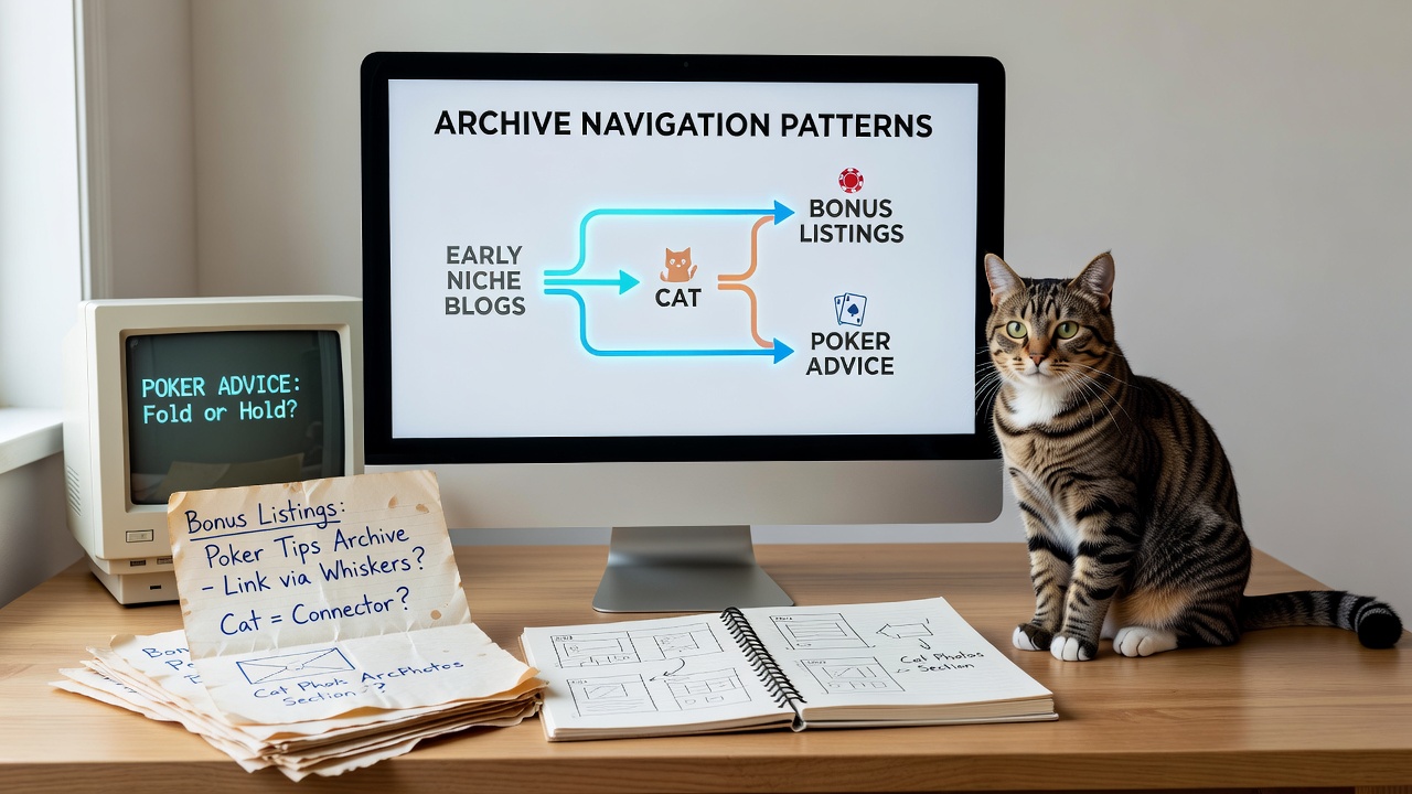 Diagram illustrating category cross-reference flows from bonus listings to poker advice sections in early niche blogs