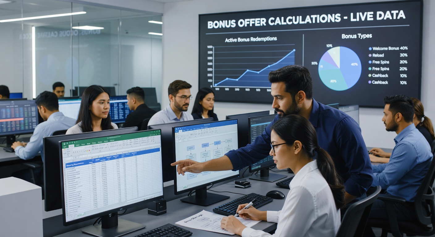 Analytics team reviewing wagering requirement formulas and risk models for casino bonus offers