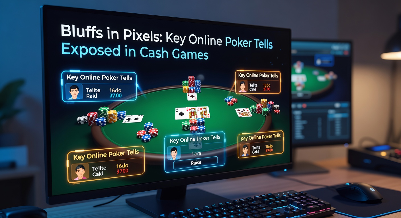 Digital poker table with glowing screens displaying player stats and bet animations, highlighting bluff detection in online cash games