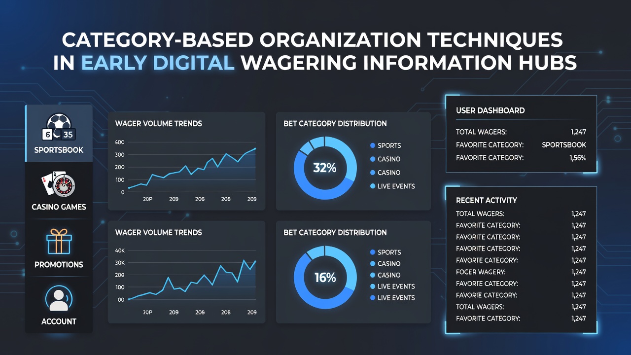 Early digital wagering hub interface showing category navigation panels for sports, poker, and bonuses