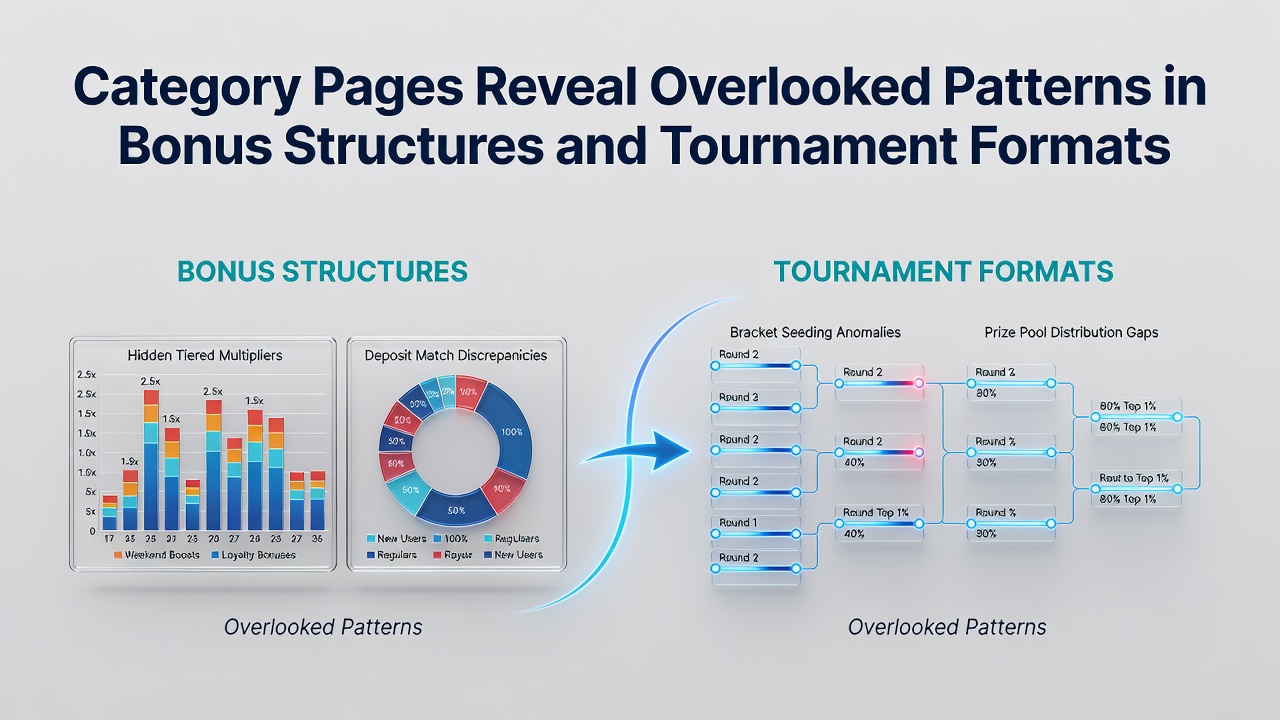 Overview of online gambling category pages displaying bonus and tournament listings