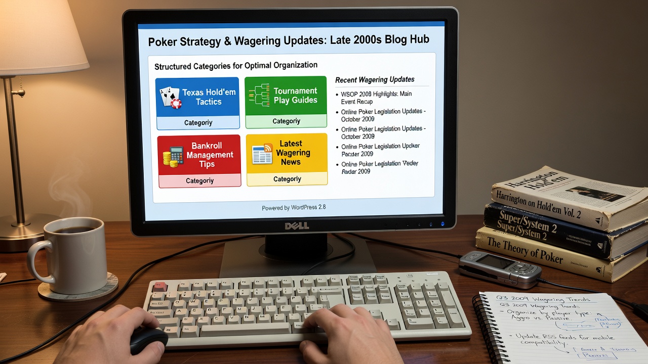 Late 2000s poker blog category page displaying organized lists of strategy posts and wagering news items
