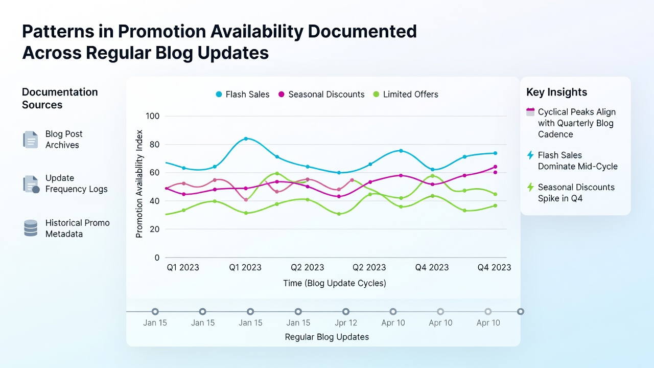 Screenshots of blog posts highlighting recurring promotion types and availability dates
