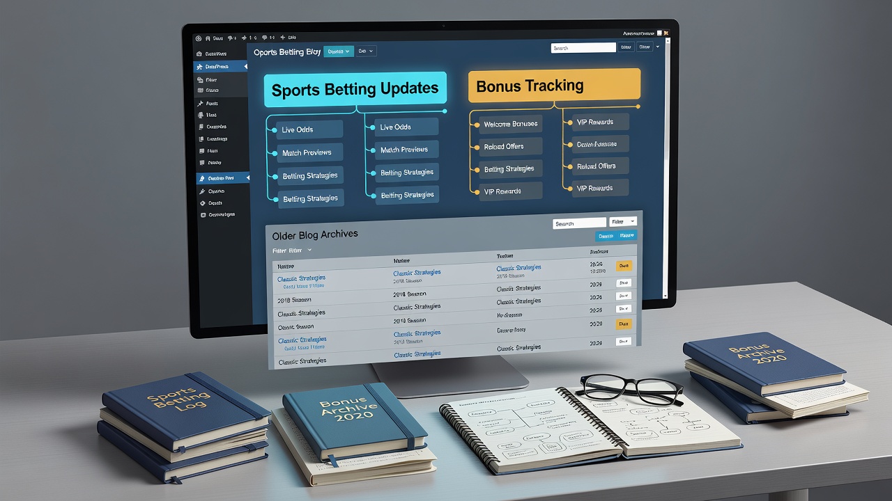 WordPress dashboard showing category hierarchy for sports betting and bonus tracking