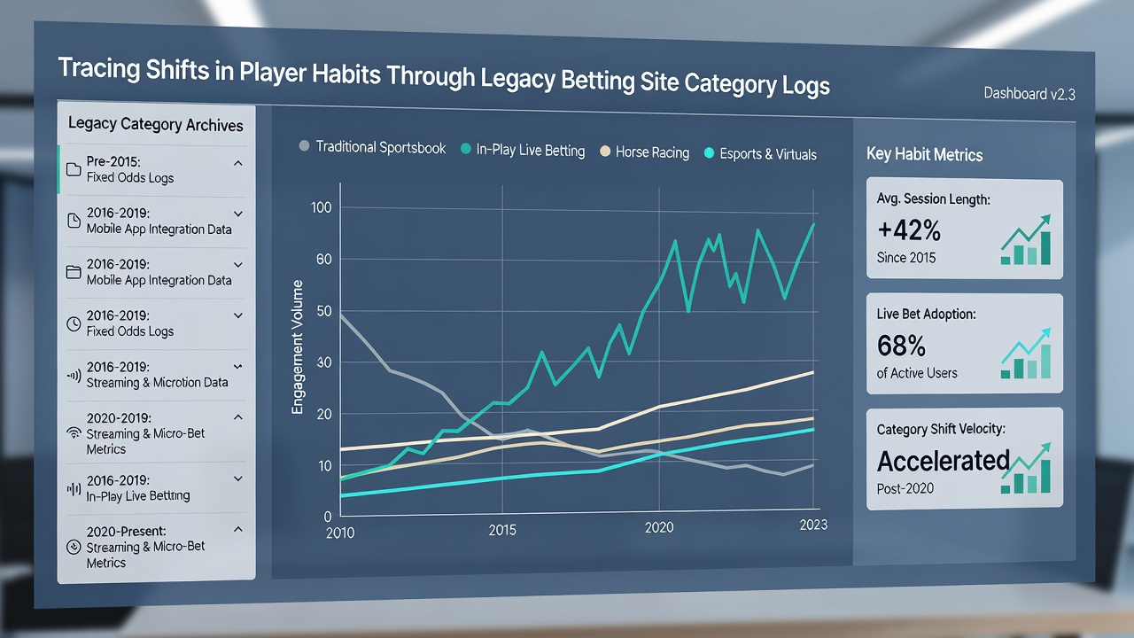 Analyst reviewing betting category logs on a computer with charts showing player habit shifts over time